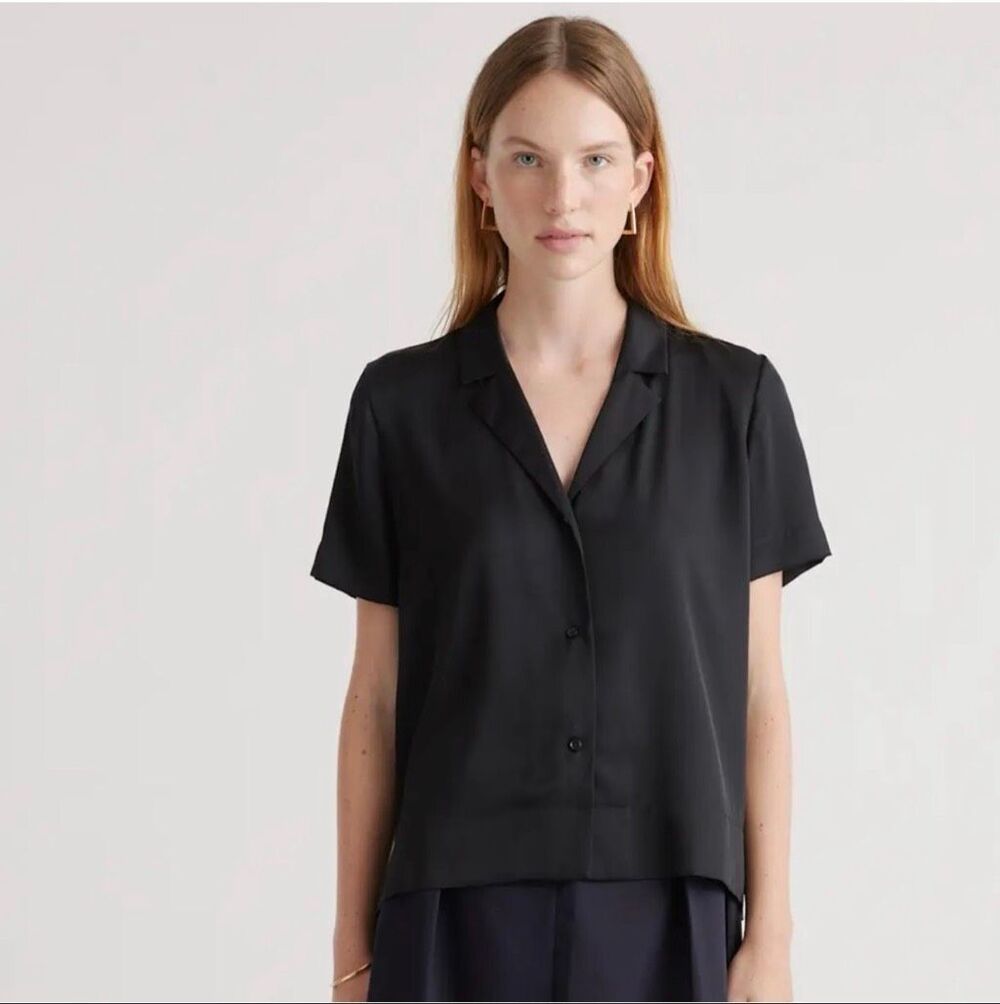 Quince Washable Stretch Silk Notch Collar Blouse L